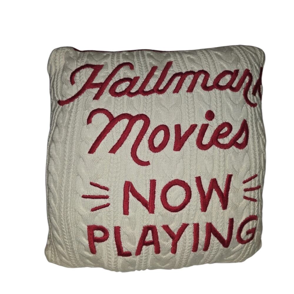 Pillow Hallmark Movies Now Playing, Reserved Seating, Red&White Cable 14” x 14”